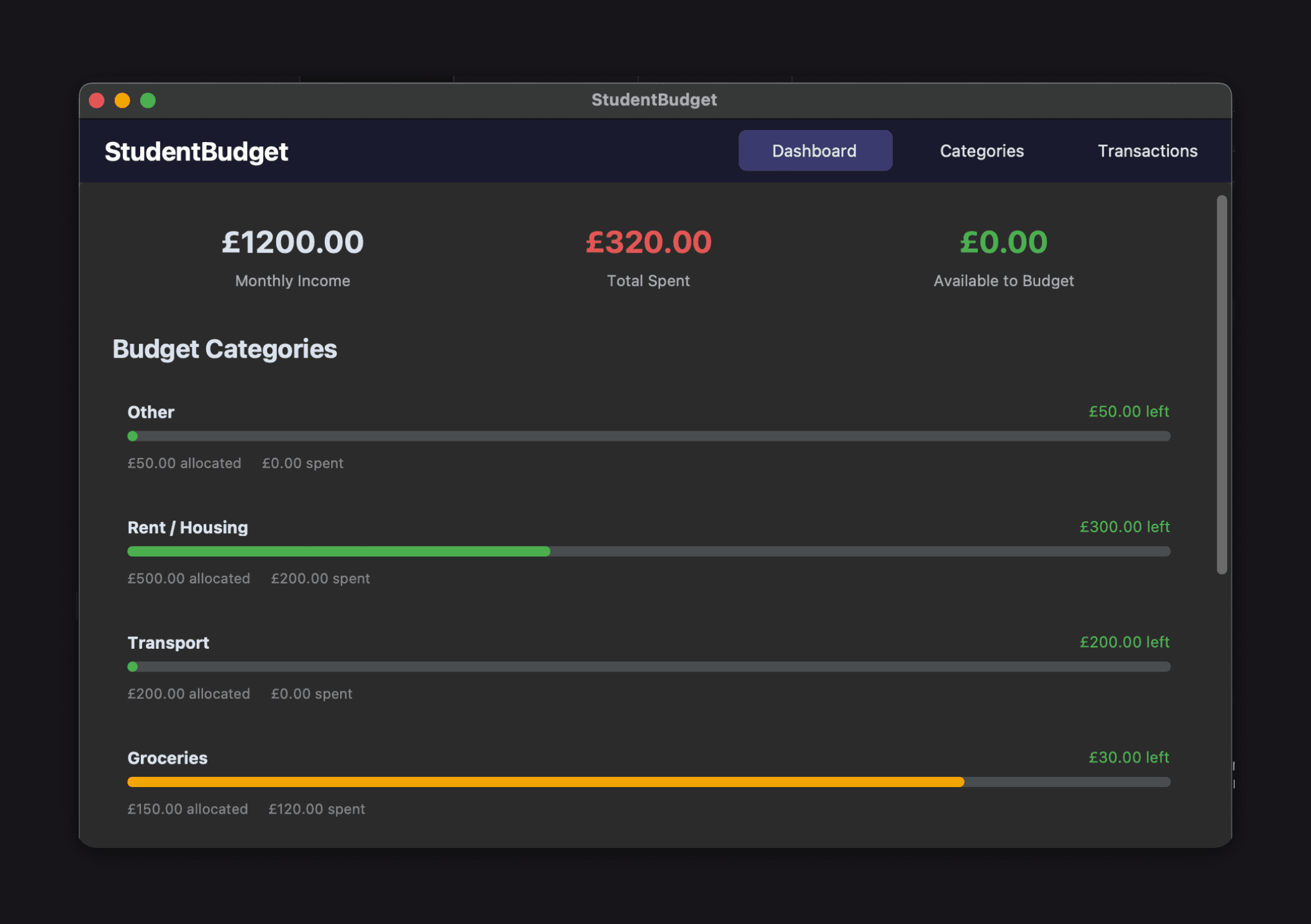 Screenshot of StudentBudget